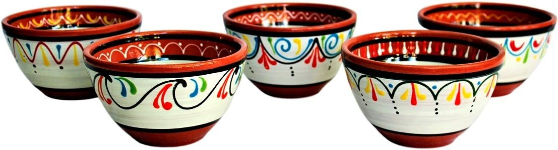 Terracotta White Breakfast Bowls, Set of 5 - Hand Painted From Spain
