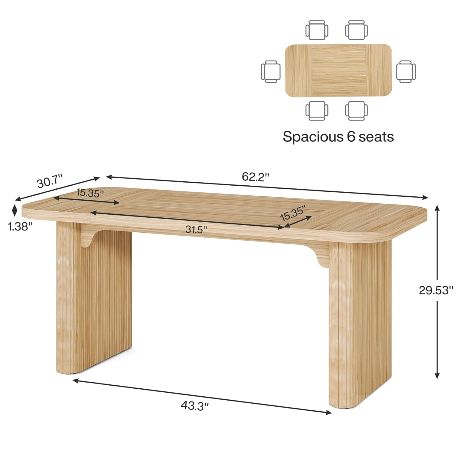 Tribesigns Modern Dining Table for 6 People, 63-Inch Natural Wood Kitchen Table with Double Robust Pedestal, Long Rectangle Wooden Dinner Table for Dining Room