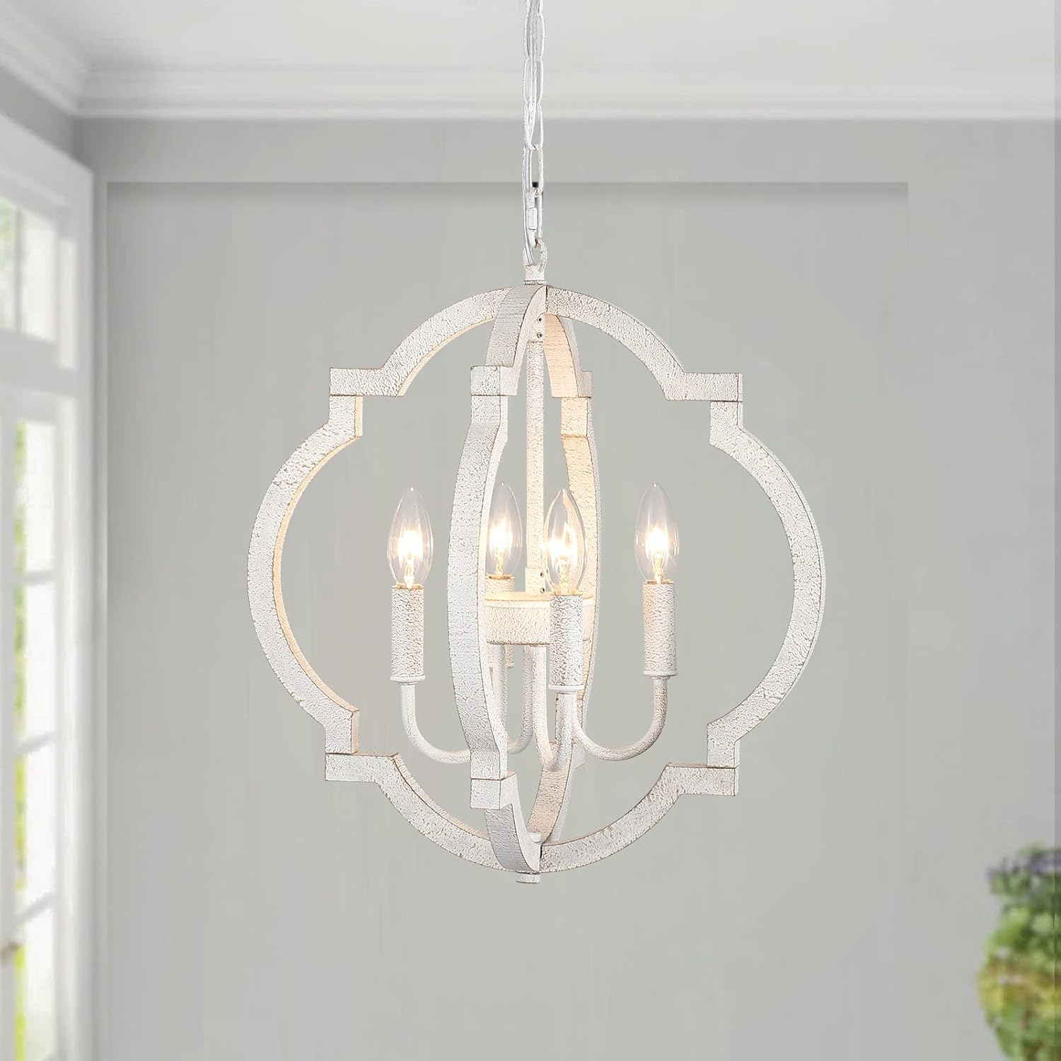 Farmhouse Chandelier Rustic Orb Chandeliers for Dining Room White Wooden Pendant Lighting 4 Light Small French Country Hanging Light Fixtures for Kitchen Island Living Room Bedroom Entryway