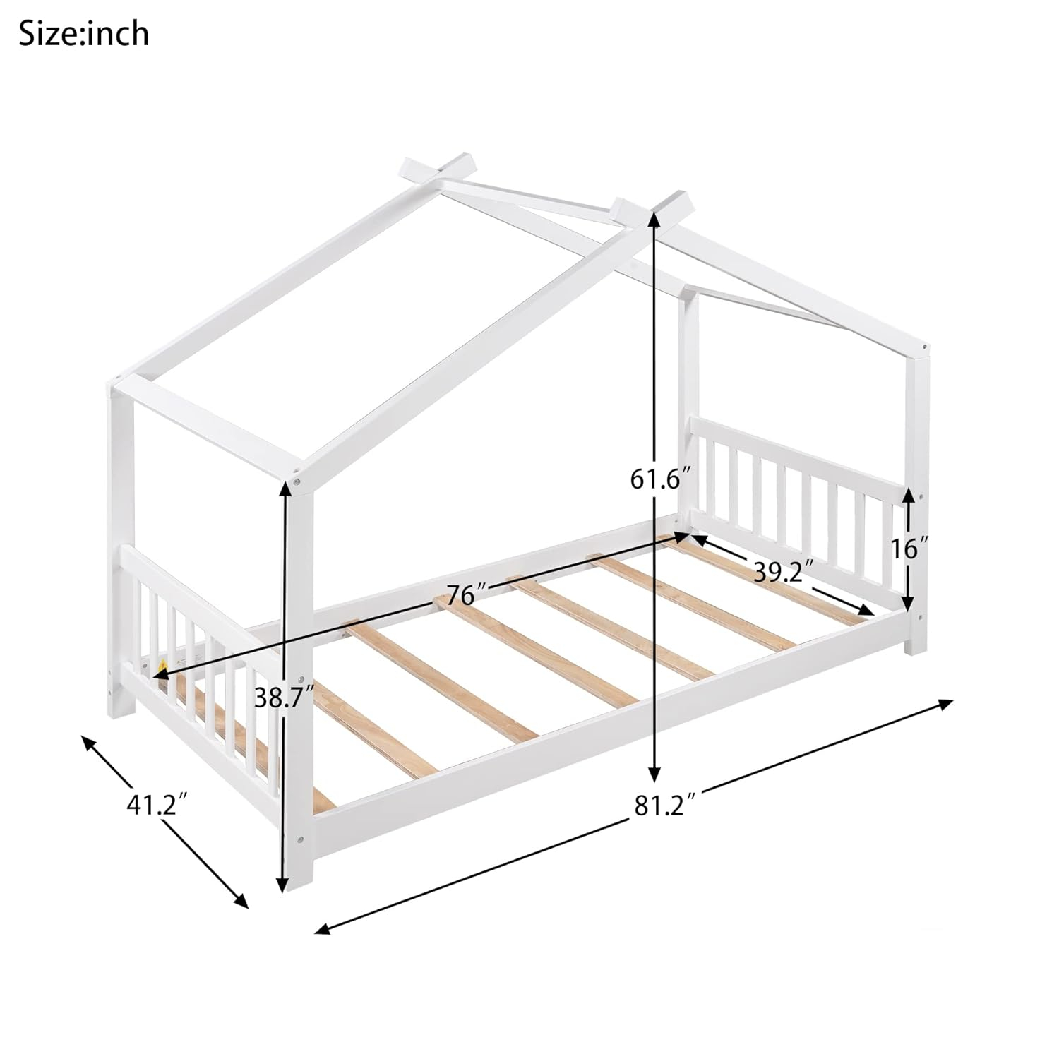 Harper & Bright Designs Twin House Bed for Kids, Floor Frame With Headboard and Footboard, Wooden Montessori Bed for Girls, Boys, White