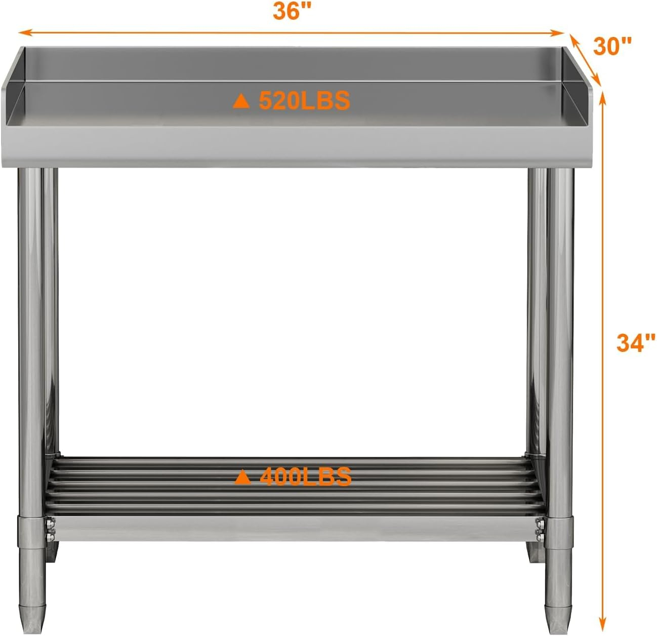 36 x 30 Inch Stainless Steel Work Table with Backsplash for Prep & Work, Heavy Duty Commercial Kitchen Island with Adjustable Undershelf for Home Restaurant