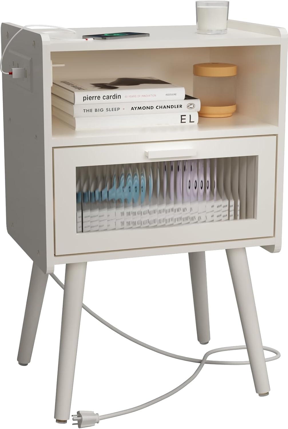 Mid Century Modern Nightstand with Charging Station, Bedside Tables with Glass Drawer, End Table Side Table with 2 Tiers Storage Space, for Bedroom, Living Room, White
