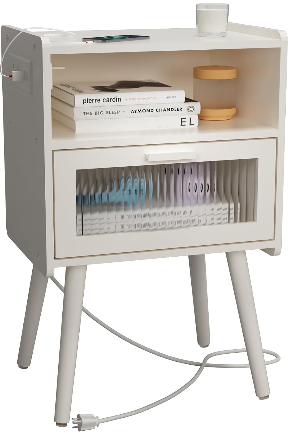 Mid Century Modern Nightstand with Charging Station, Bedside Tables with Glass Drawer, End Table Side Table with 2 Tiers Storage Space, for Bedroom, Living Room, White