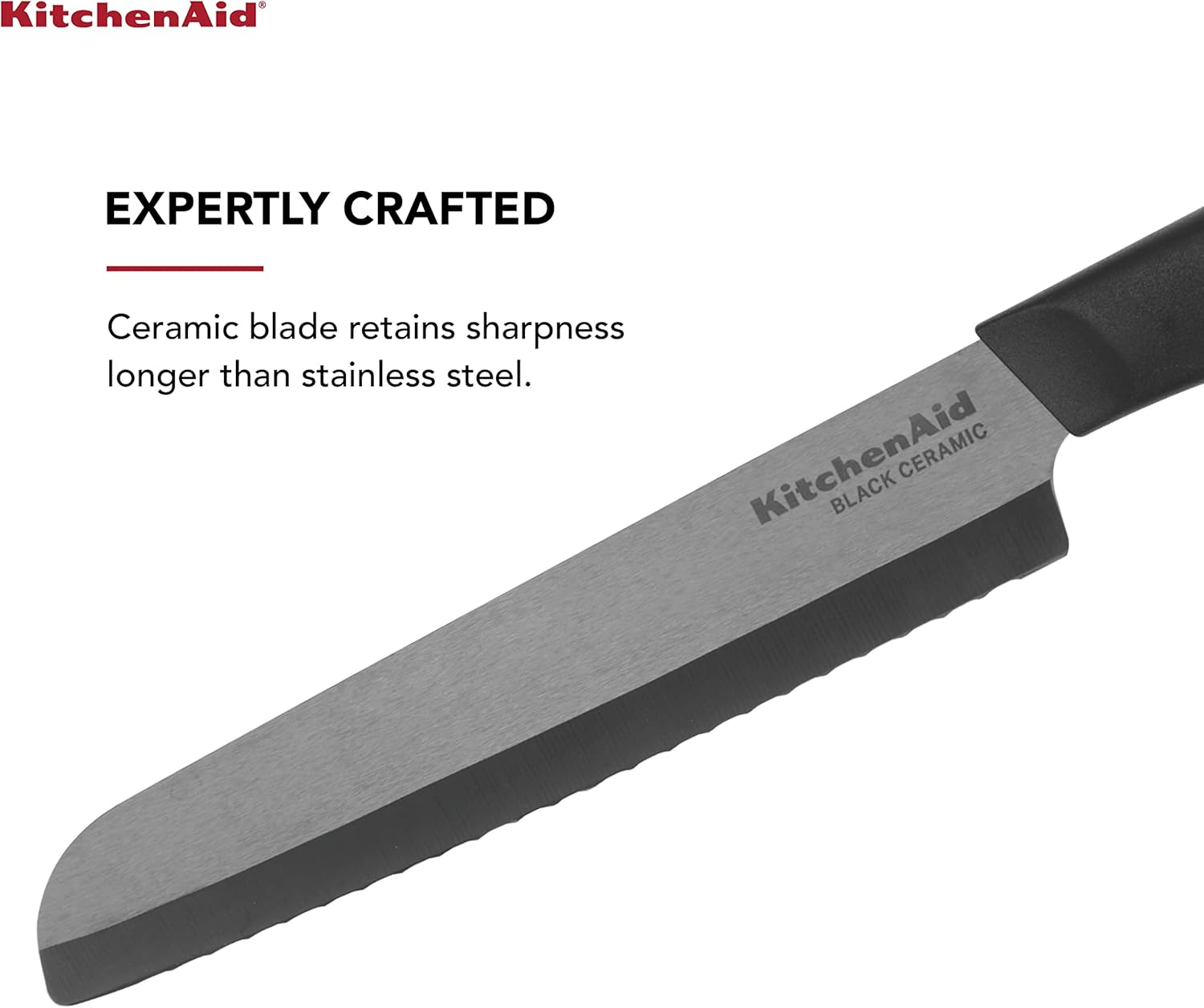 Kitchenaid Classic Ceramic Serrated Bread Knife with Endcap and Blade Cover, 6-inch, Black