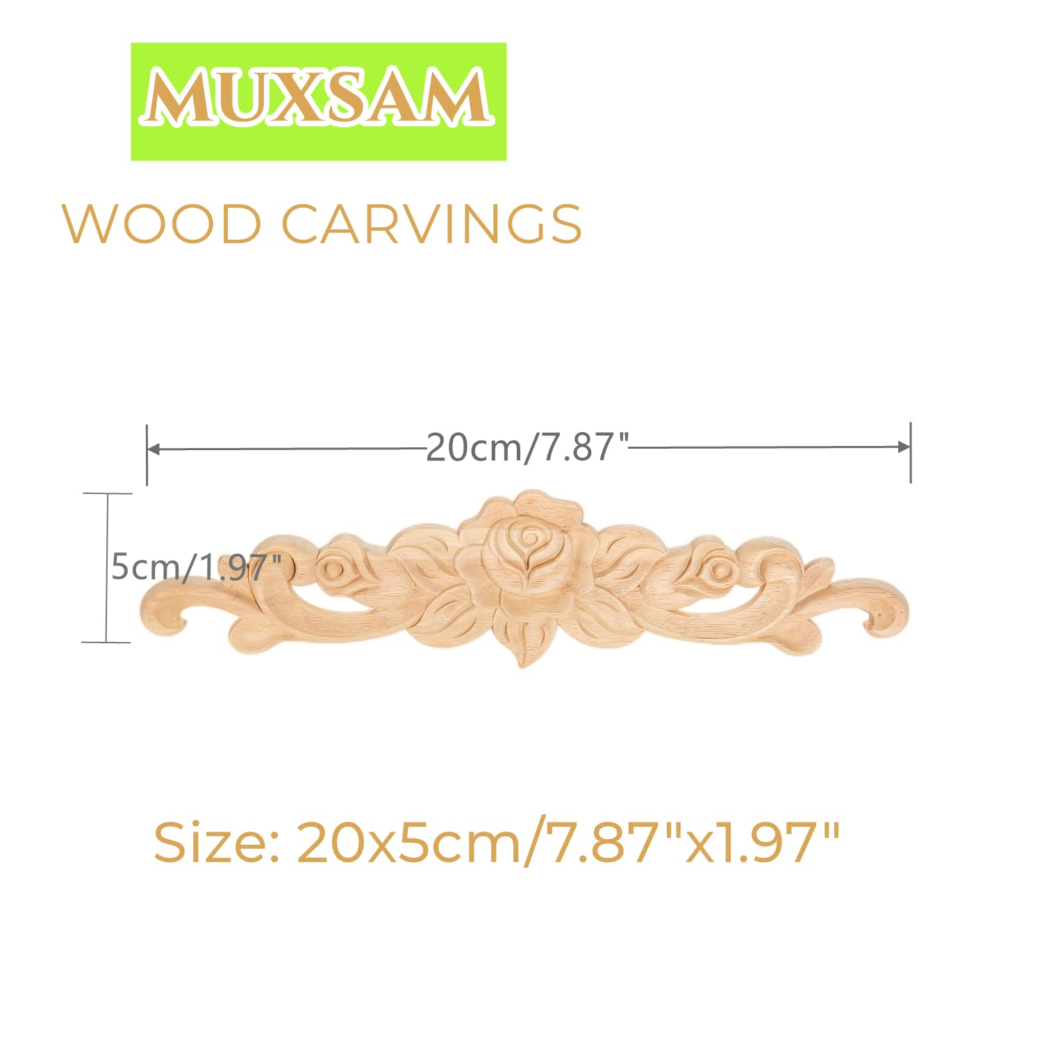 MUXSAM 4Pcs Rose Wood Carved Onlays Decorative Appliques, Unpainted Long Center Carving Decal for Door Wall Ceiling Cabinet Dresser Mirror Bed Mantel Bench Fireplace Decor, 20x5cm/7.87"x1.97"