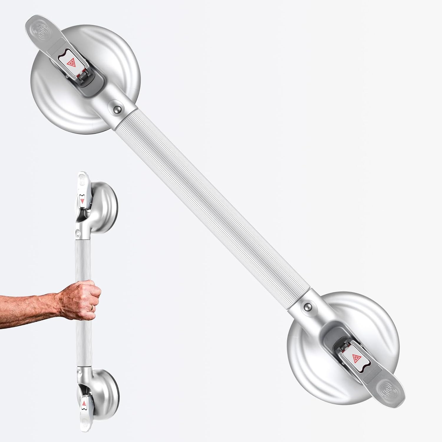 19-Inch Shower Handle - Upgraded Grab Bar with Strong Suction Cups for Bathtub & Shower Safety, Ideal for Seniors, Elderly, Disabled，Silver