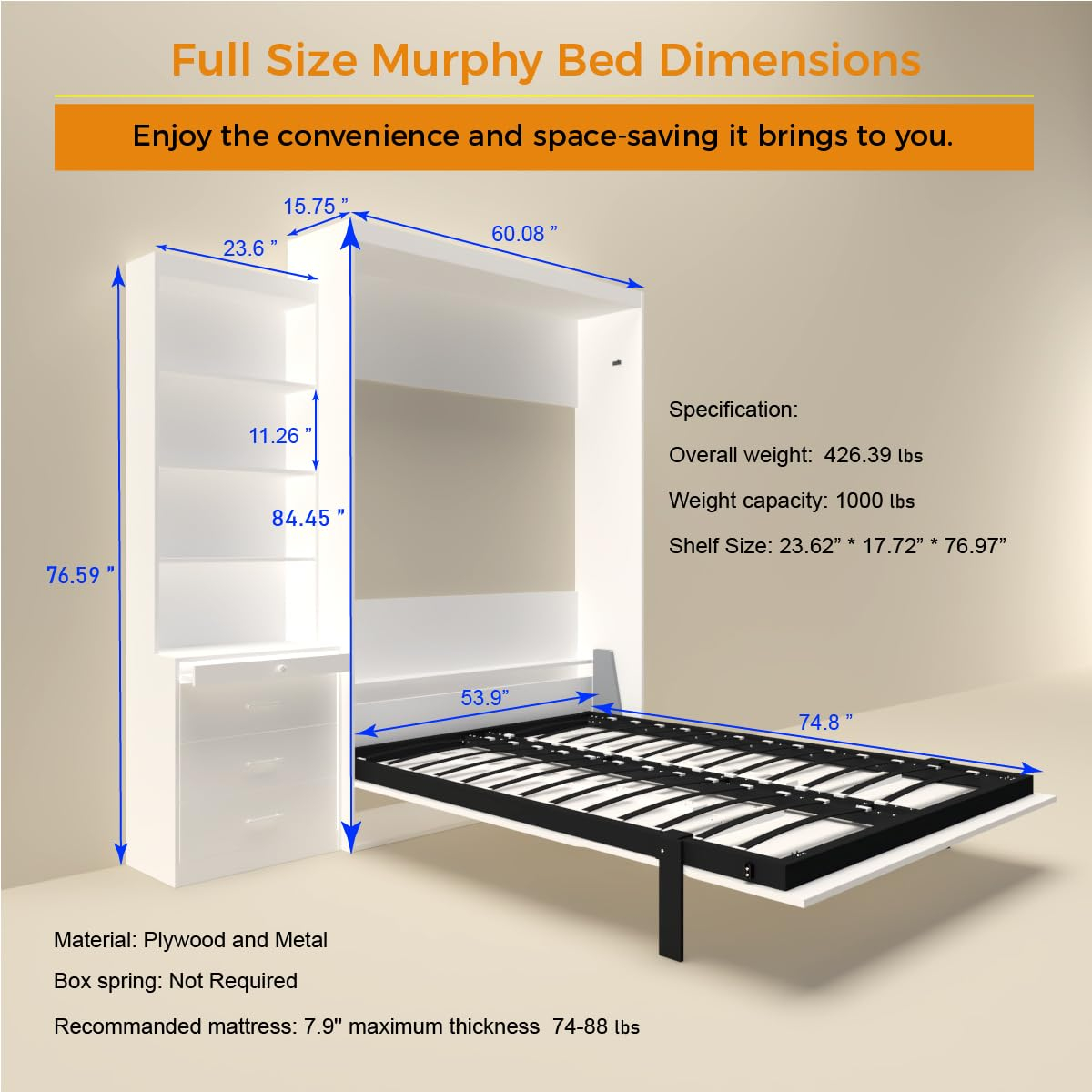 Bellemave Modern Full Size Murphy Bed with Storage Shelf and Drawers for Bedroom or Guestroom,Murphy Chest Bed Space-Saving Folding White Wall Bed with New Style,White
