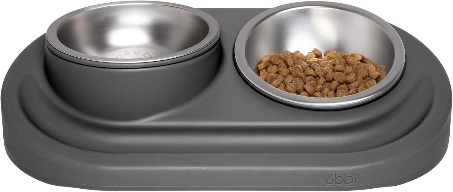 Ubbi Pet Ergonomic Elevated Food and Water Dog Bowl Set with 2 Stainless Steel Bowls, Charcoal Gray