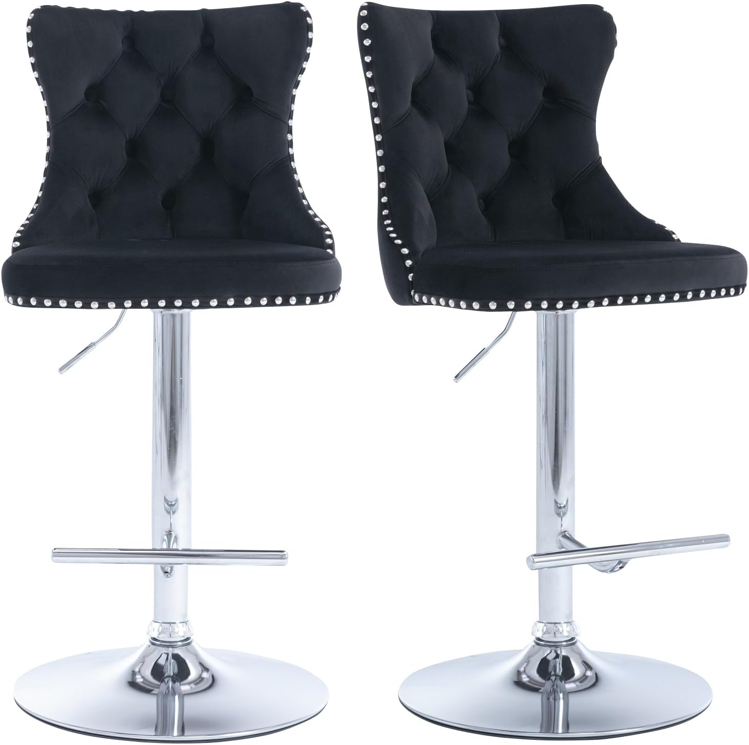 Swivel Barstools with High Back, 2pcs Velvet Bar Chairs with Button Tufted and Nailheads Trim, Counter Height Bar Stools for Home Bar Kitchen Island Cafe,Adjusatble Seat Height, Black+Silver