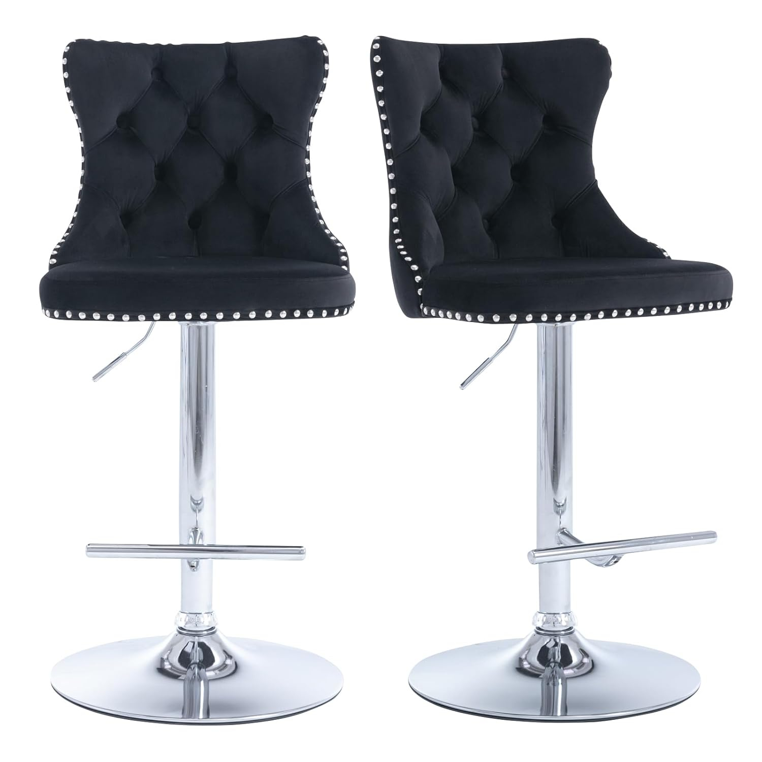 Swivel Barstools with High Back, 2pcs Velvet Bar Chairs with Button Tufted and Nailheads Trim, Counter Height Bar Stools for Home Bar Kitchen Island Cafe,Adjusatble Seat Height, Black+Silver