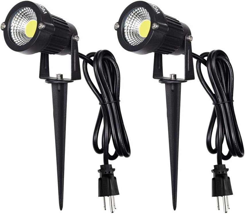 Landscape Outdoor,IP65 Waterproof Garden Spotlights,5W AC 120V Yard Flood Light,Metal Ground Stake Lawn,3200K LED Spotlight with 1.5M UL-Listed Cord and 3-Plug (2 Packs)