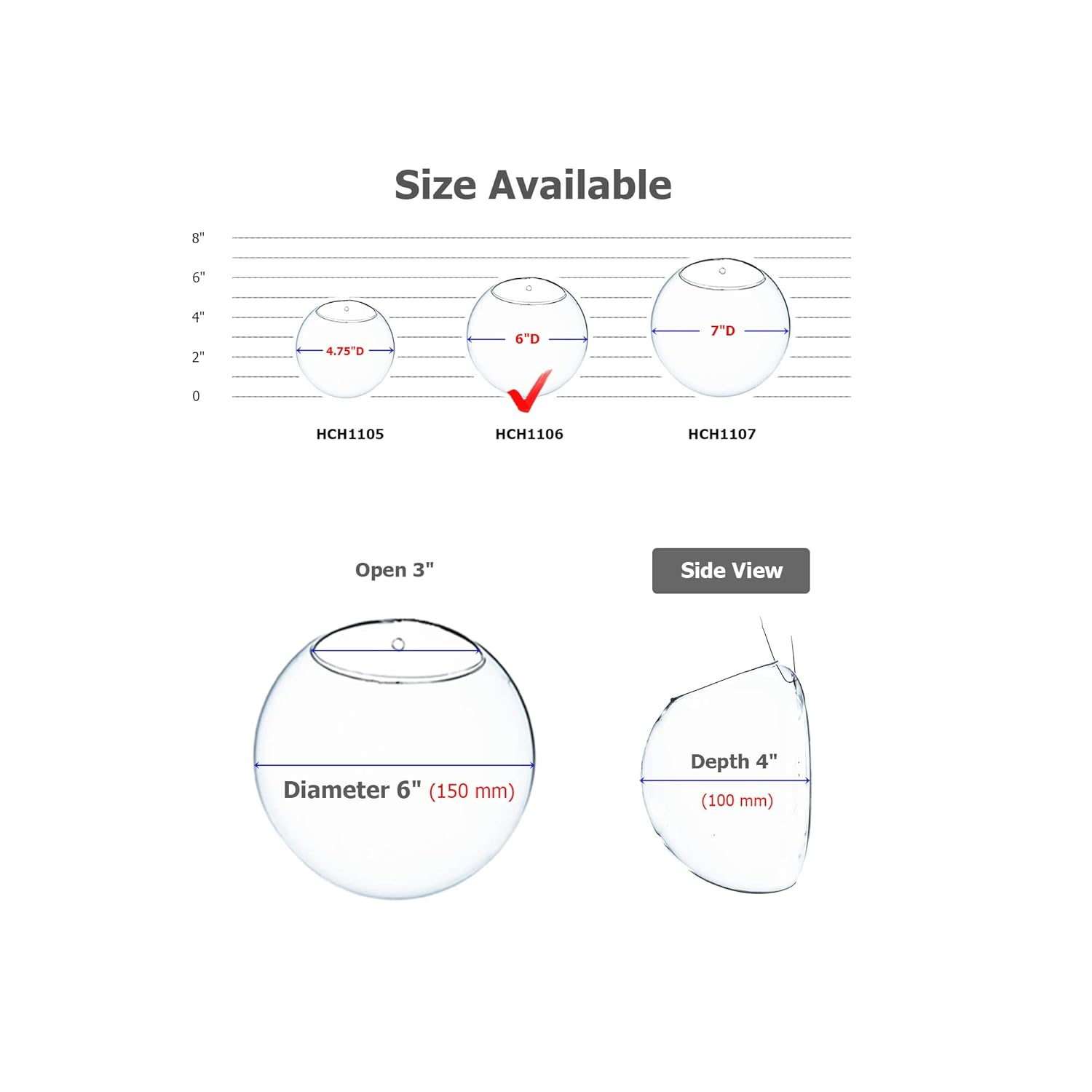 WGV Half Round Wall Hanging Terrarium - 6" Wide x 4" Depth, Good quality, Heavy Weighted Base - 1 Pc