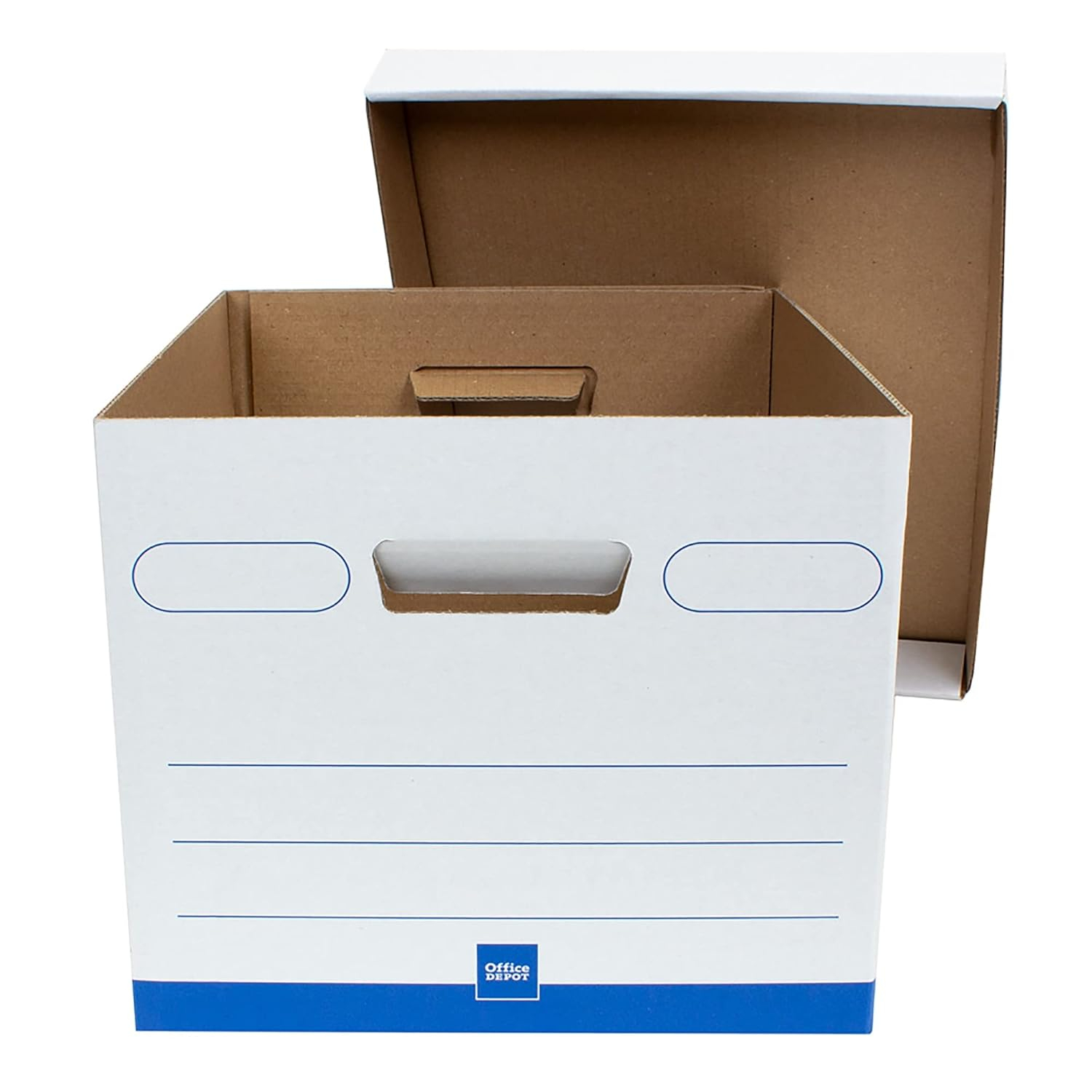 Office Depot® Brand Medium Quick Set Up Corrugated Medium-Duty Storage Boxes With Lift-Off Lids And Built-In Handles, Letter/Legal Size, 15" x 12" x 10", White/Blue, Pack Of 5