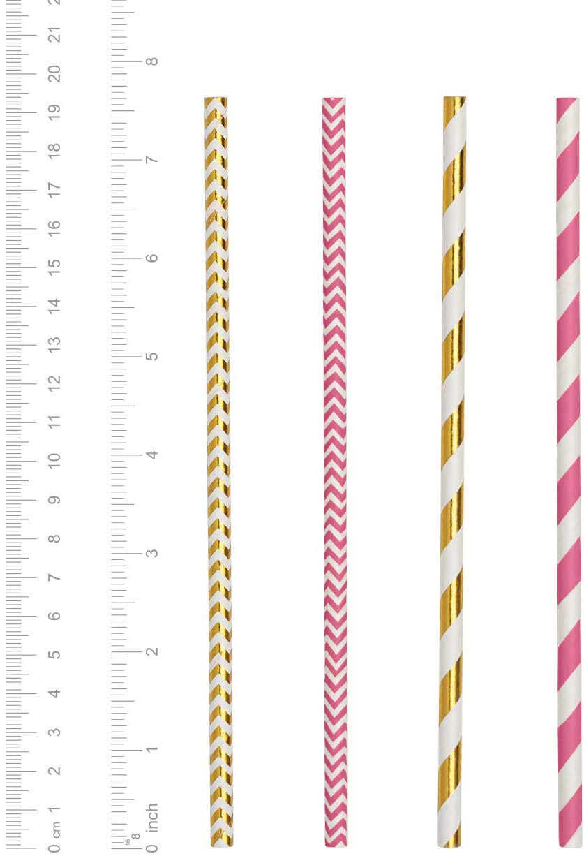Comfy Package Hot Pink & Gold Biodegradable Straws Disposable Paper Straws, 200-Pack