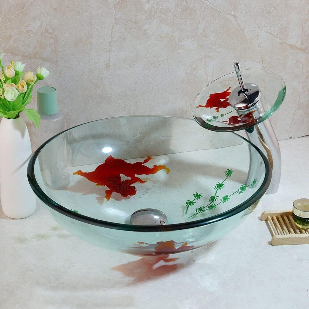 Clear Bathroom Sink Hand Painting Gold Fish Tempered Glass Vessel Sink Basin with Waterfall Faucet and Drain Combo,16"Round Glass Bowl Sink Above Counter Clear Bathroom Vessel Sink Set