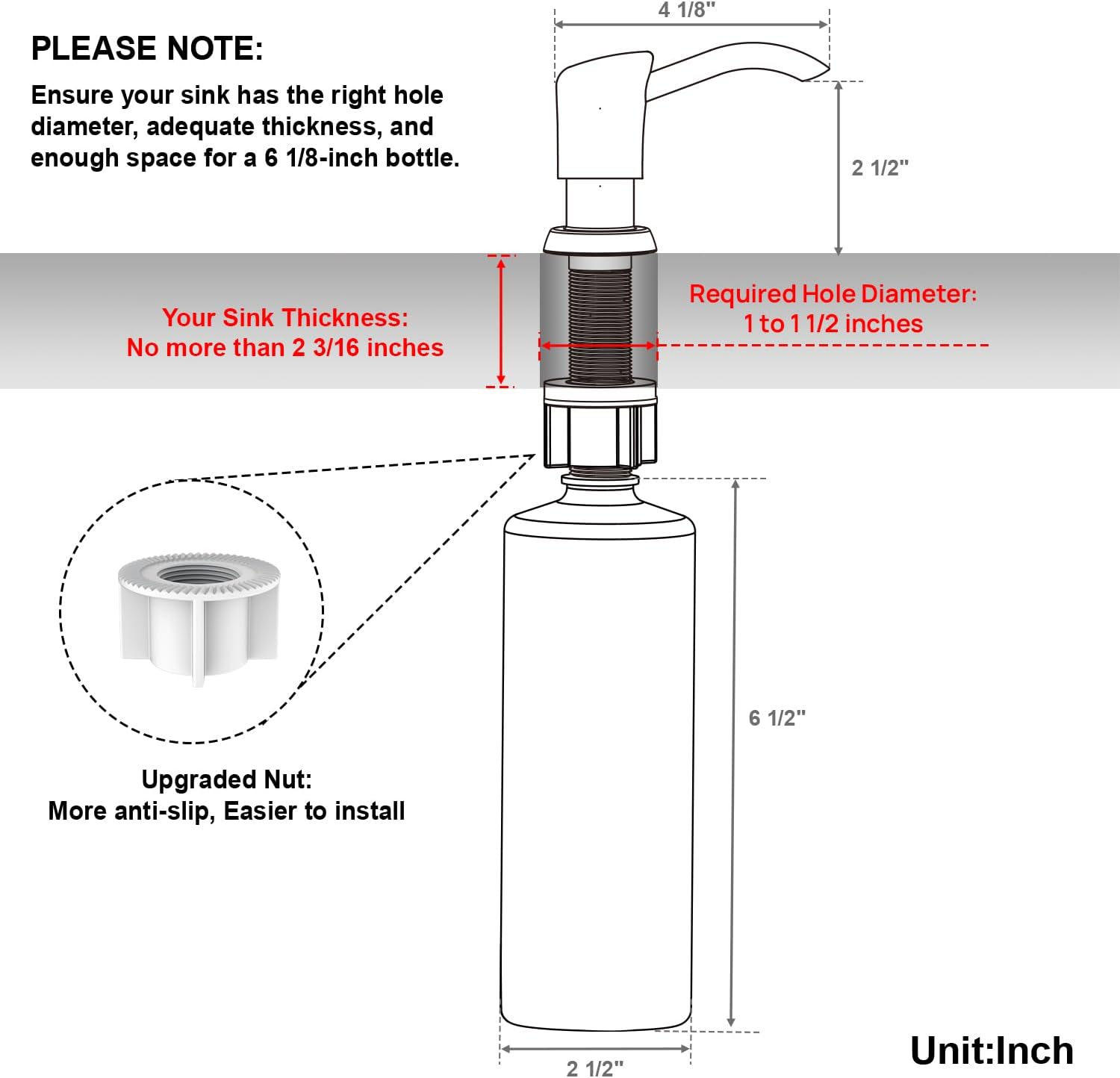 GAGALIFE Built in Sink Soap Dispenser or Lotion Dispenser for Kitchen Sink, Brushed Gold ABS Pump Head, with 17 Ounce Large PET Soap Bottle