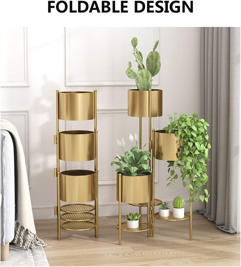 Metal Plant Stand, 6 Tier 6 Potted Indoor Gold Flower Pot Stand Holder Shelf, Foldable Decorative Display Rack for Multiple Potted Plants, Patio Garden, Living Room, Corner Balcony & Bedroom