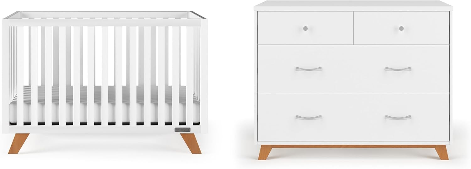Child Craft SOHO 2 Piece Nursery Furniture Set, 4-in-1 Convertible Crib and Dresser (White/Natural)
