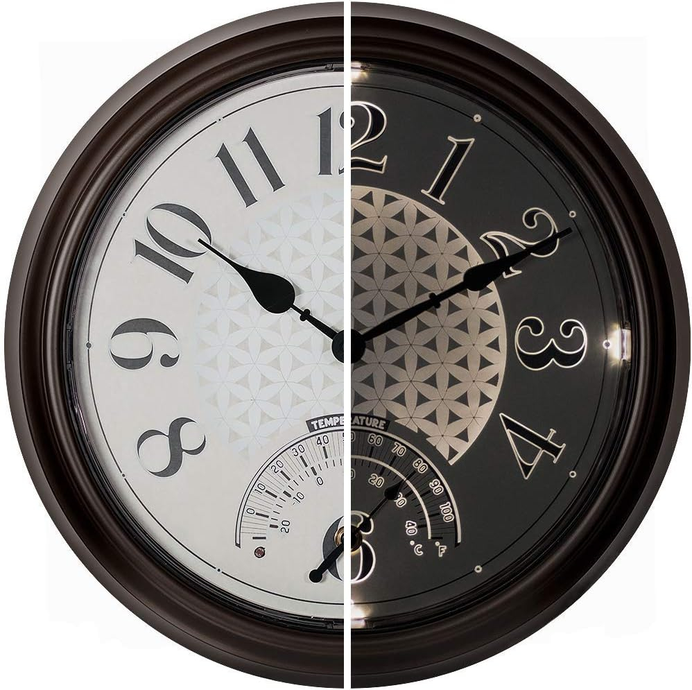 Presentime & Co. 14" in/Outdoor Luminous Wall Clock with Thermometer, Weather Thermometer, Night Light with Smart Sensor - Oil Rubbed Bronze Finish, Outdoor Lights & Decoration.
