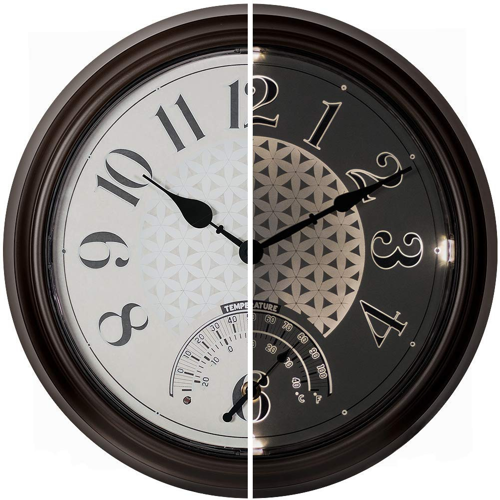 Presentime & Co. 14" in/Outdoor Luminous Wall Clock with Thermometer, Weather Thermometer, Night Light with Smart Sensor - Oil Rubbed Bronze Finish, Outdoor Lights & Decoration.