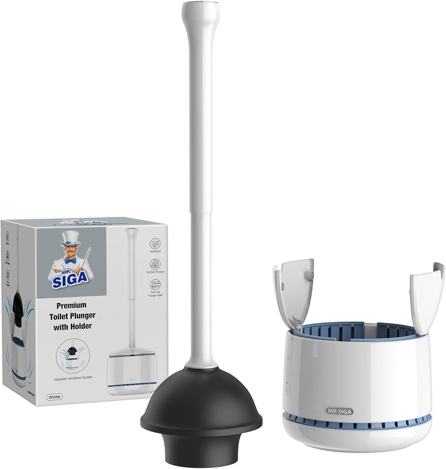 MR.Siga Toilet Plunger with Holder, Heavy Duty Toilet Plunger and Holder Combo,White