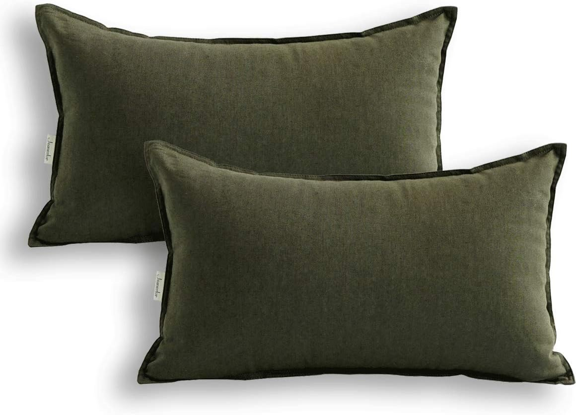 Jeanerlor Cotton Linen Square Decorative Throw Pillow Case Cushion Cover with Twin Needles Stitch on Edge, 12"x20"(30 x 50cm), 2 Pcs, Olive Green
