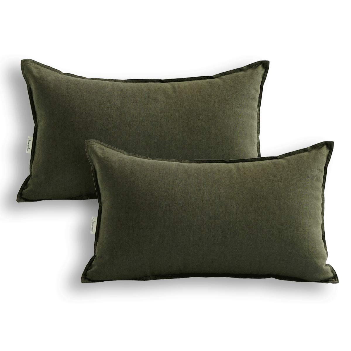 Jeanerlor Cotton Linen Square Decorative Throw Pillow Case Cushion Cover with Twin Needles Stitch on Edge, 12"x20"(30 x 50cm), 2 Pcs, Olive Green