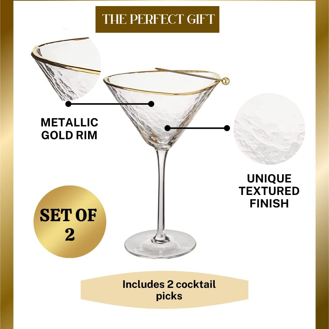 Sisterly Drinkware Clear Hammered Martini Glasses Set of 2 – Handmade Gold Rim Cocktail Glasses with 2 Gold-Plated Picks & 2 Coasters – 8 oz Elegant Barware for Martinis, Cocktails & Mocktails