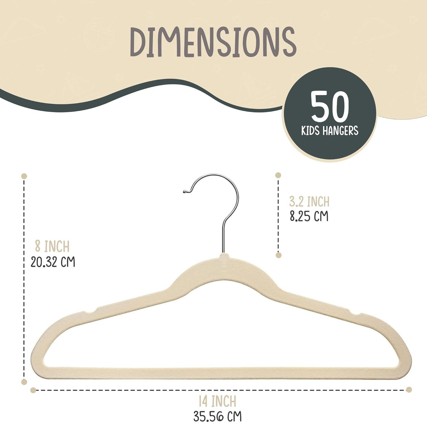 Ivory Velvet Kids Hangers 50 Pack - Perfect for Children’s Clothes, Space Saving Design With Soft Feel By TechZoo