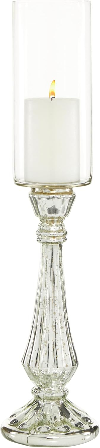 DecMode Silver Glass Handmade Turned Style Pillar Hurricane Lamp with Faux Mercury Glass Finish