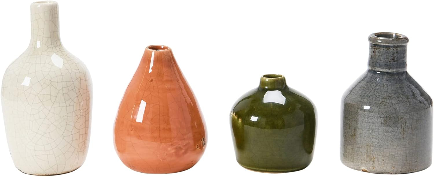 Main + Mesa Stoneware Bud Vases in Crackle Glaze, Olive/Terracotta Tones, Set of 4