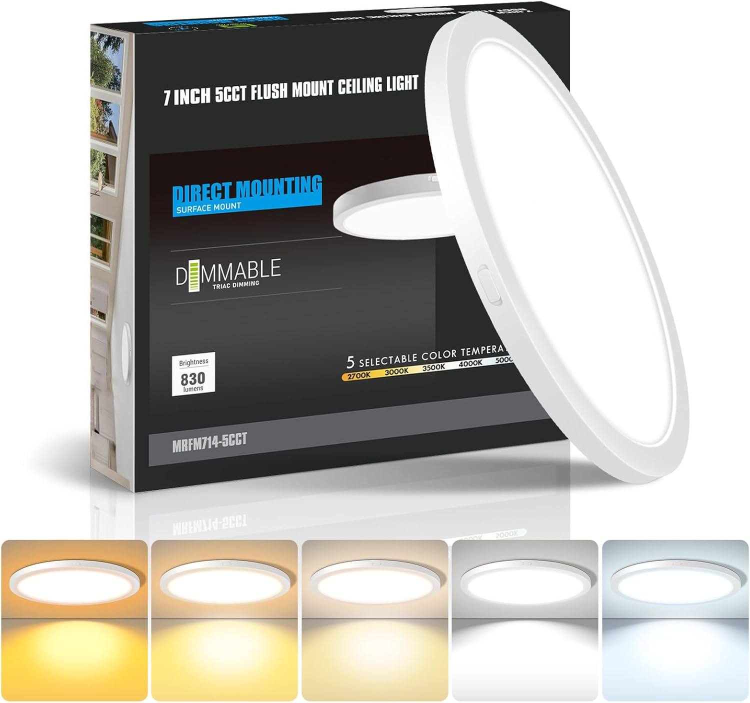 7 Inch Flush Mount LED Ceiling Light Fixture White, 14Watt, Dimmable & 2700K-5000K 5 Color Selectable Ceiling Light Fixtures Flush Mount 90+ CRI Low Profile Ceiling Light for Kitchen