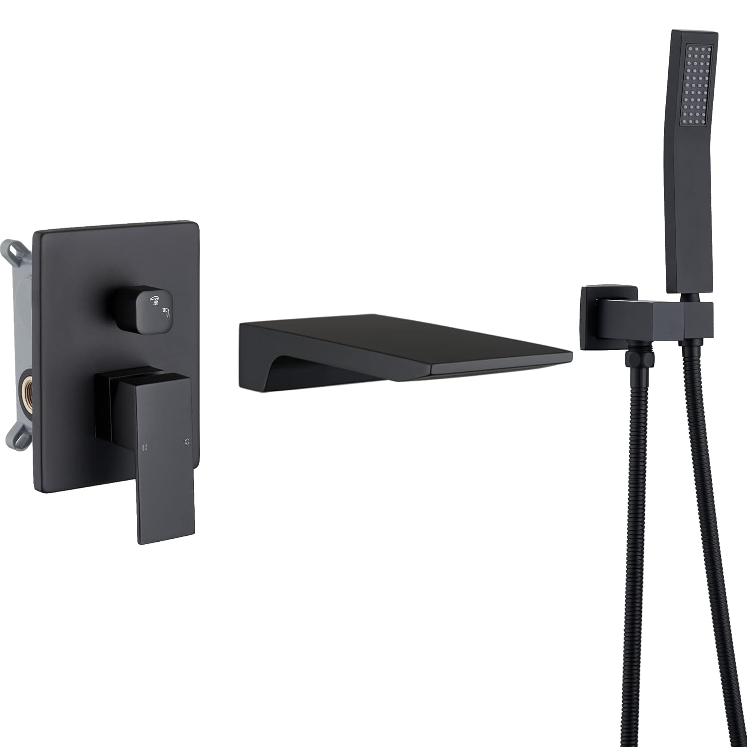 Airuida Wall Mount Tub Faucet with Waterfall Tub Spout Wall Mounted Bathtub Faucet with Handheld Shower Single Handle Tub Filler Shower Faucet Set with Rough-in valve Straight Spout Matte Black