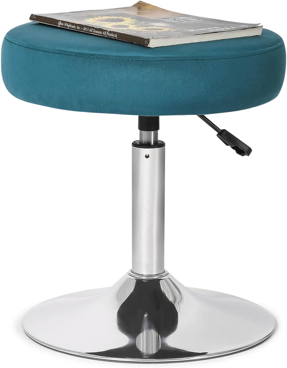 Adeco  Adjustable Velvet Round Ottoman Swivel Vanity Stool Makeup Chair Teal