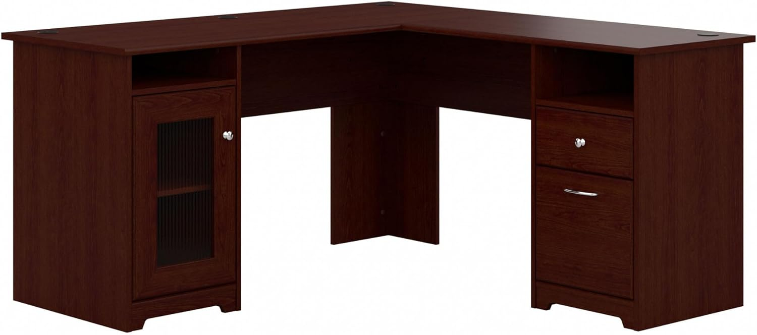 Bush Furniture Cabot 60" L Desk and Hutch with Storage, Harvest Cherry