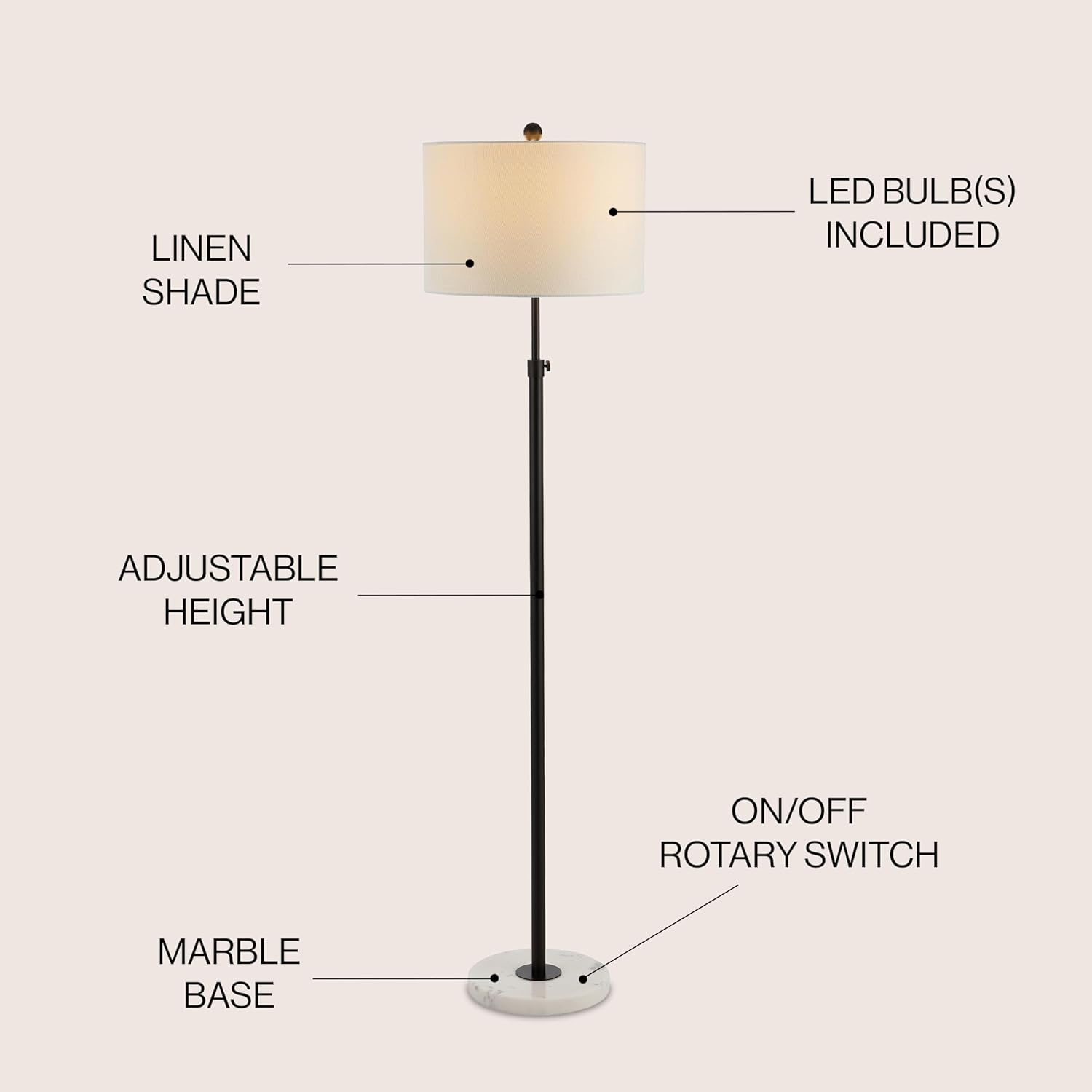 JONATHAN  Y June Metal/Marble Adjustable Modern Glam 66-in Oil Rubbed Bronze Shaded Floor Lamp