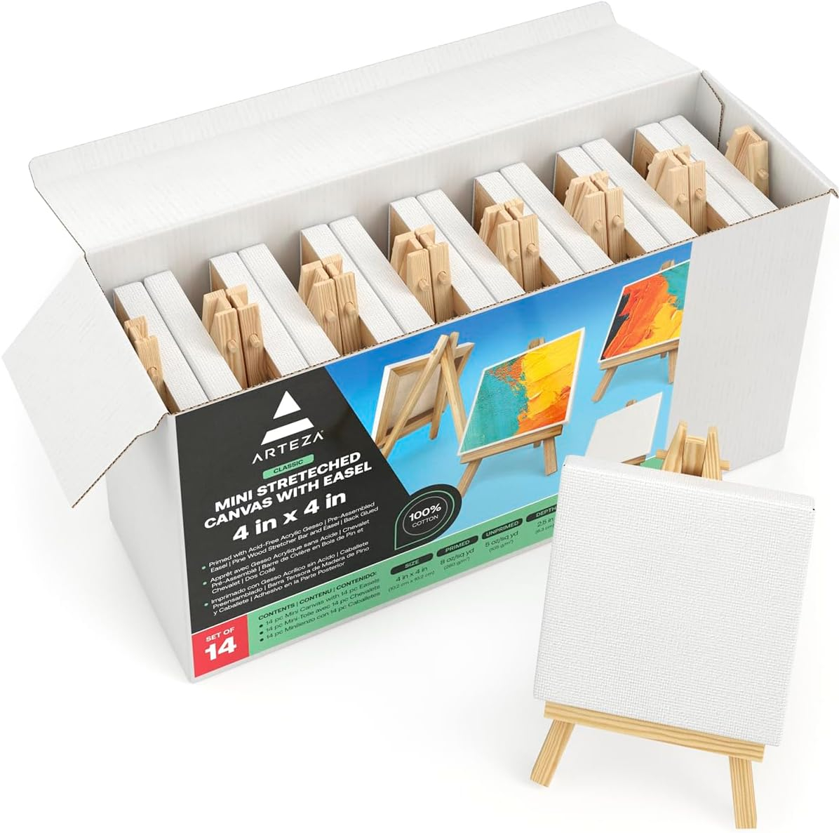 ARTEZA Mini Canvases for Painting with Easels, Pack of 14, 4 x 4 Inches, 100% Cotton, 8 ounces Primed Stretched Canvas Bulk, Pine Wood Easels