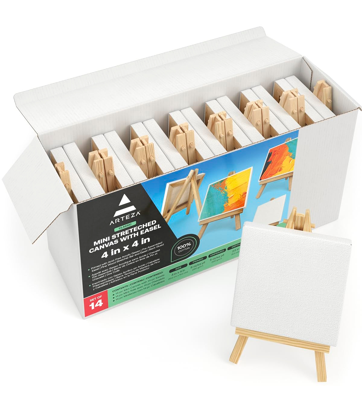 ARTEZA Small Canvases with Easels, 4 x 4 Inches, Pack of 14, Blank White Stretched Canvas for Acrylic, Oil and Gouache Painting