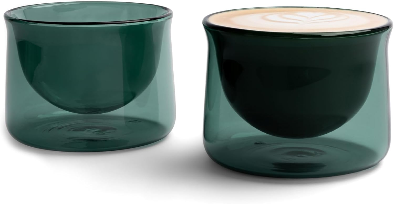 FLUR Latte Glass (Set of 2): For Lattes and Milk Drinks - Makes Latte Art Easier - Double-Walled Borosilicate Glass - Handmade - 7oz (Teal)