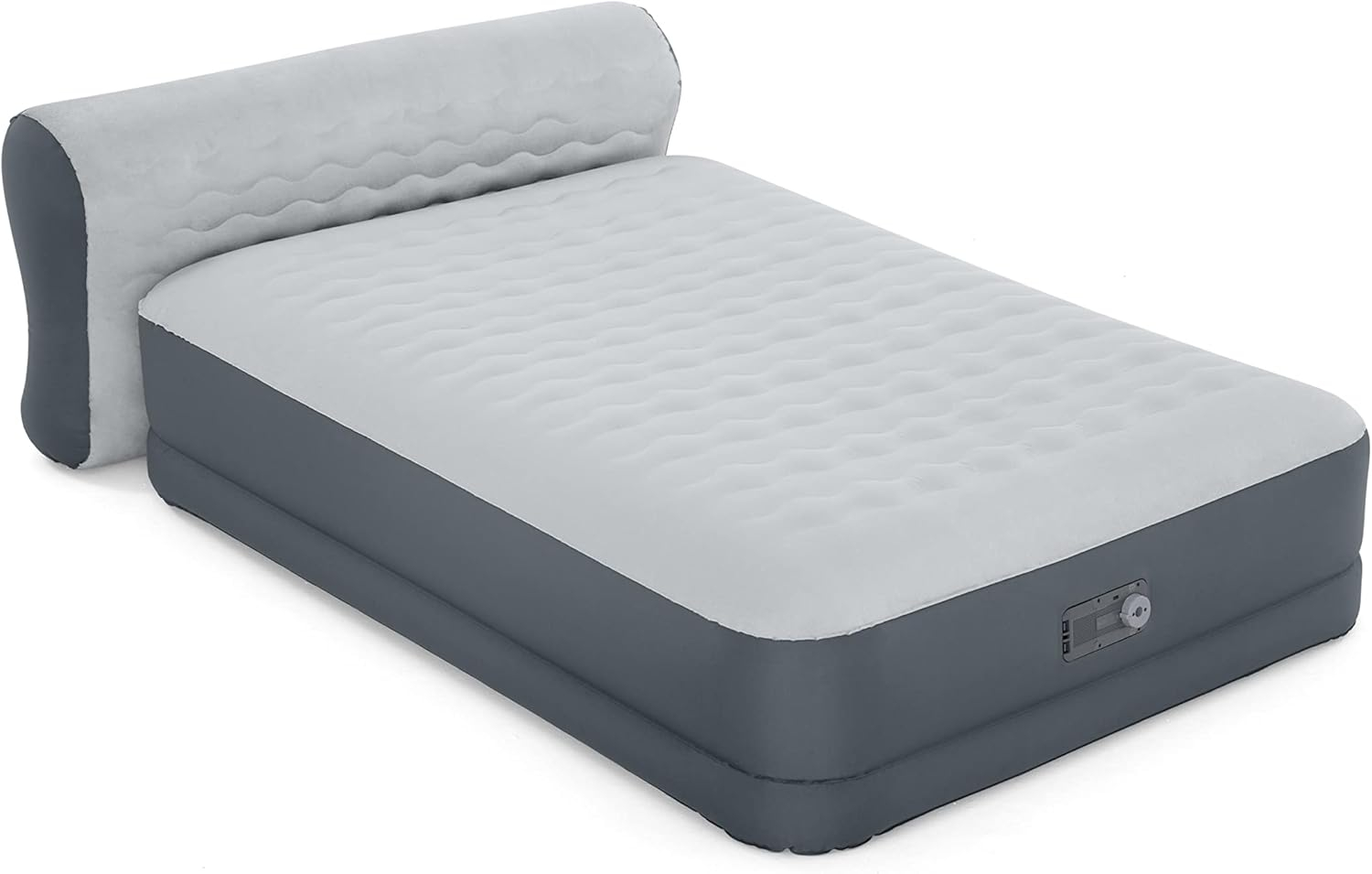 SleepLux Queen Air Mattress with Headboard | Supersoft Snugable Top, Extra Durable Tough Guard | Raised Airbed with Built in Pump + USB Charger (90"x60"x29") Grey