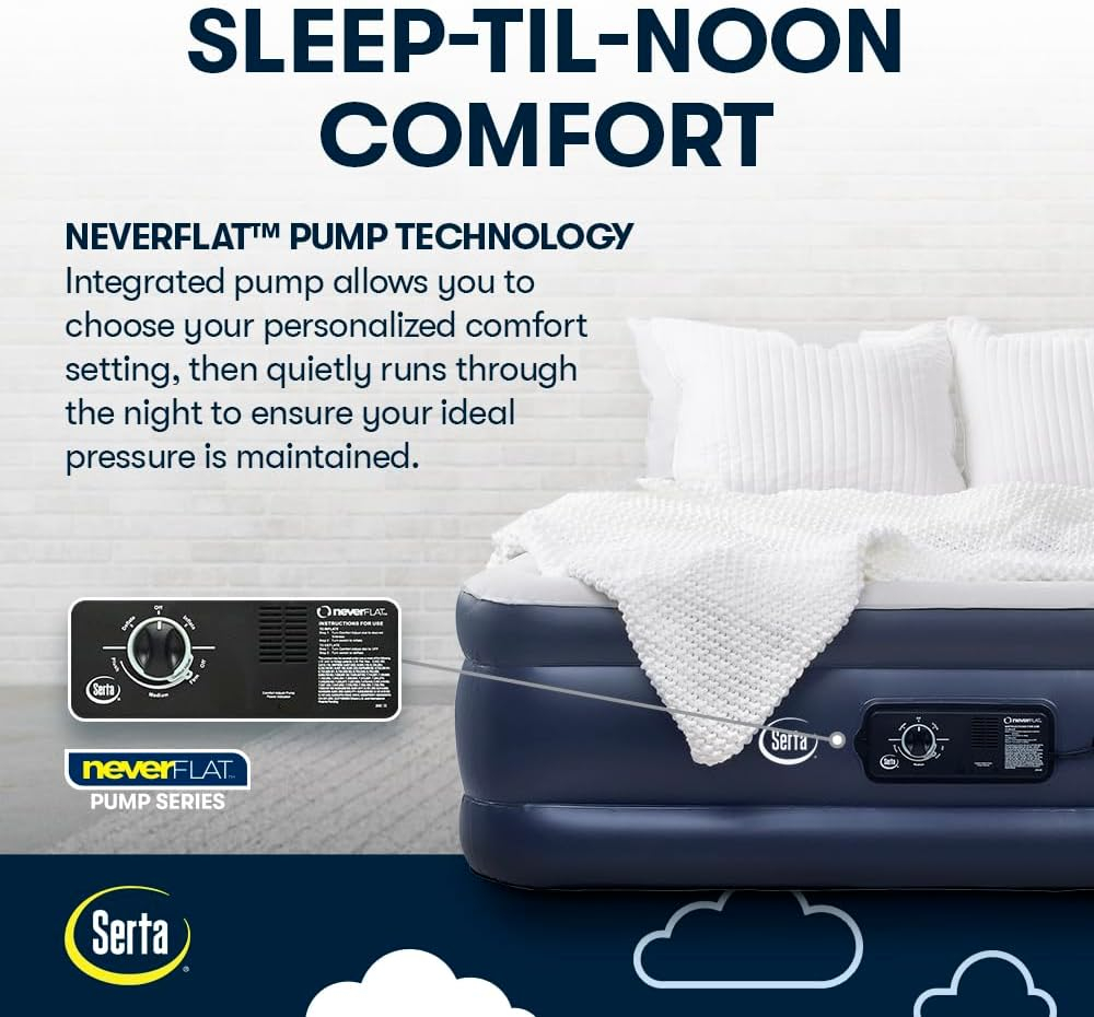 Serta Raised Air Mattress with Never Flat Pump | Luxury Inflatable Mattress with Built in Air Pump to Ensure a Good Night’s Rest | Heavy Duty Blow Up Mattress with Self Inflating Pump