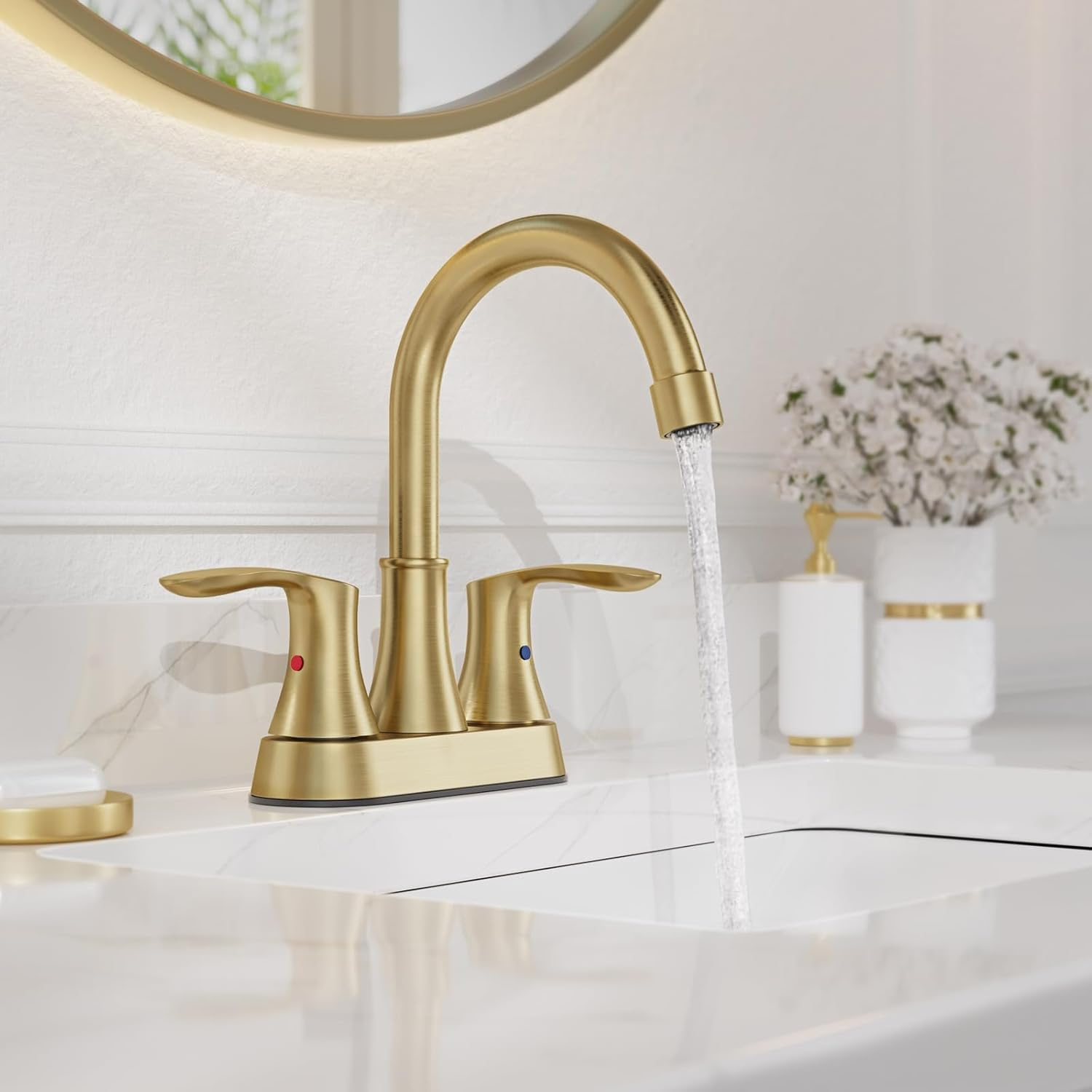 Phiestina 4 Inch 2 or 3 Hole Bathroom Sink Faucet Centerset Brushed Gold 2 Handle RV 360°Swivel Bath Vanity Faucet with Metal Pop Up Drain & Water Supply line, TY36-BG