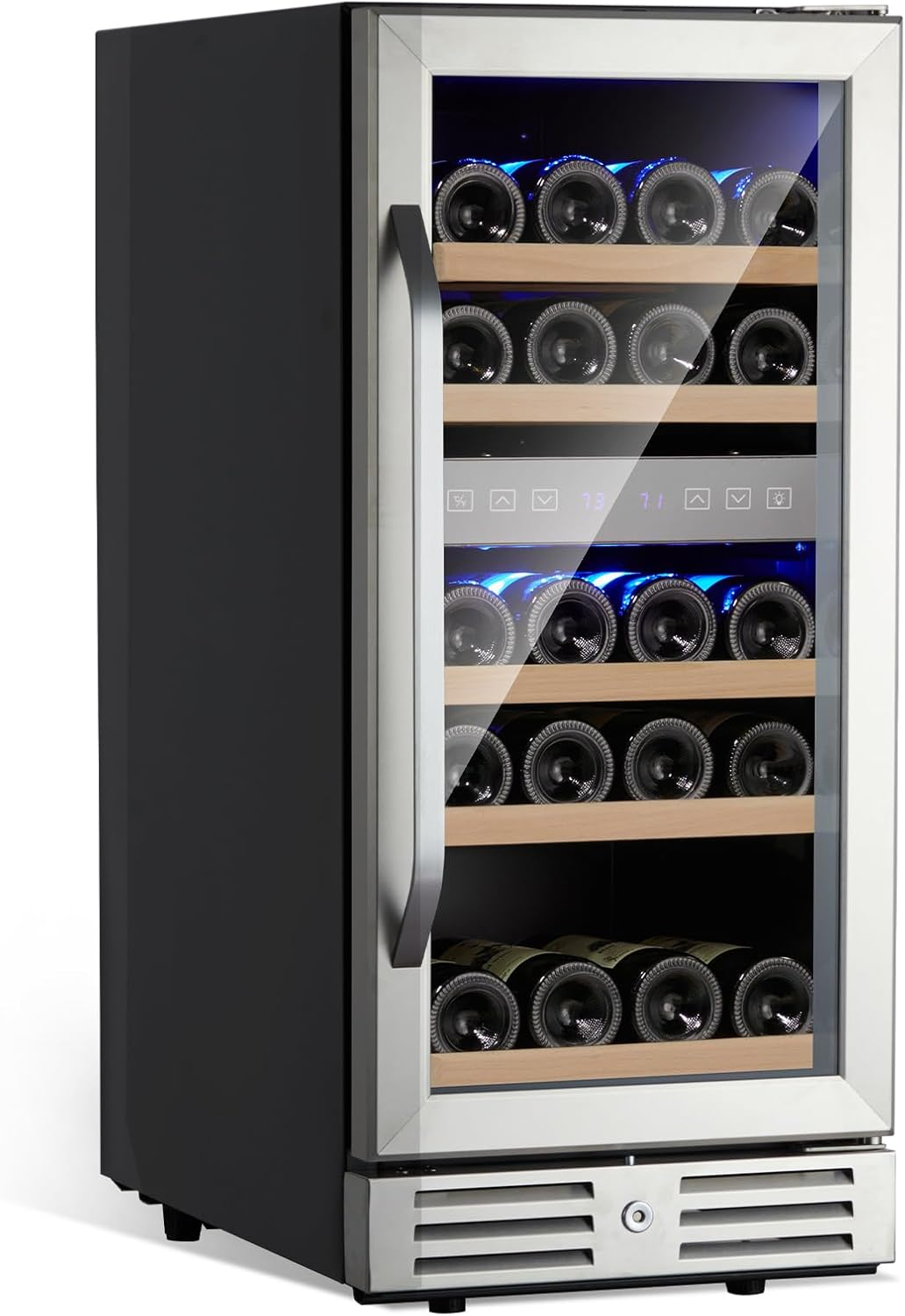 15 Inch Wine Cooler Under Counter, 29 Bottle Dual Zone Wine Fridge Wine Refrigerator with Stainless Steel Digital Temperature Control, Temperature Memory, Built-in or Freestanding Wine Cellar