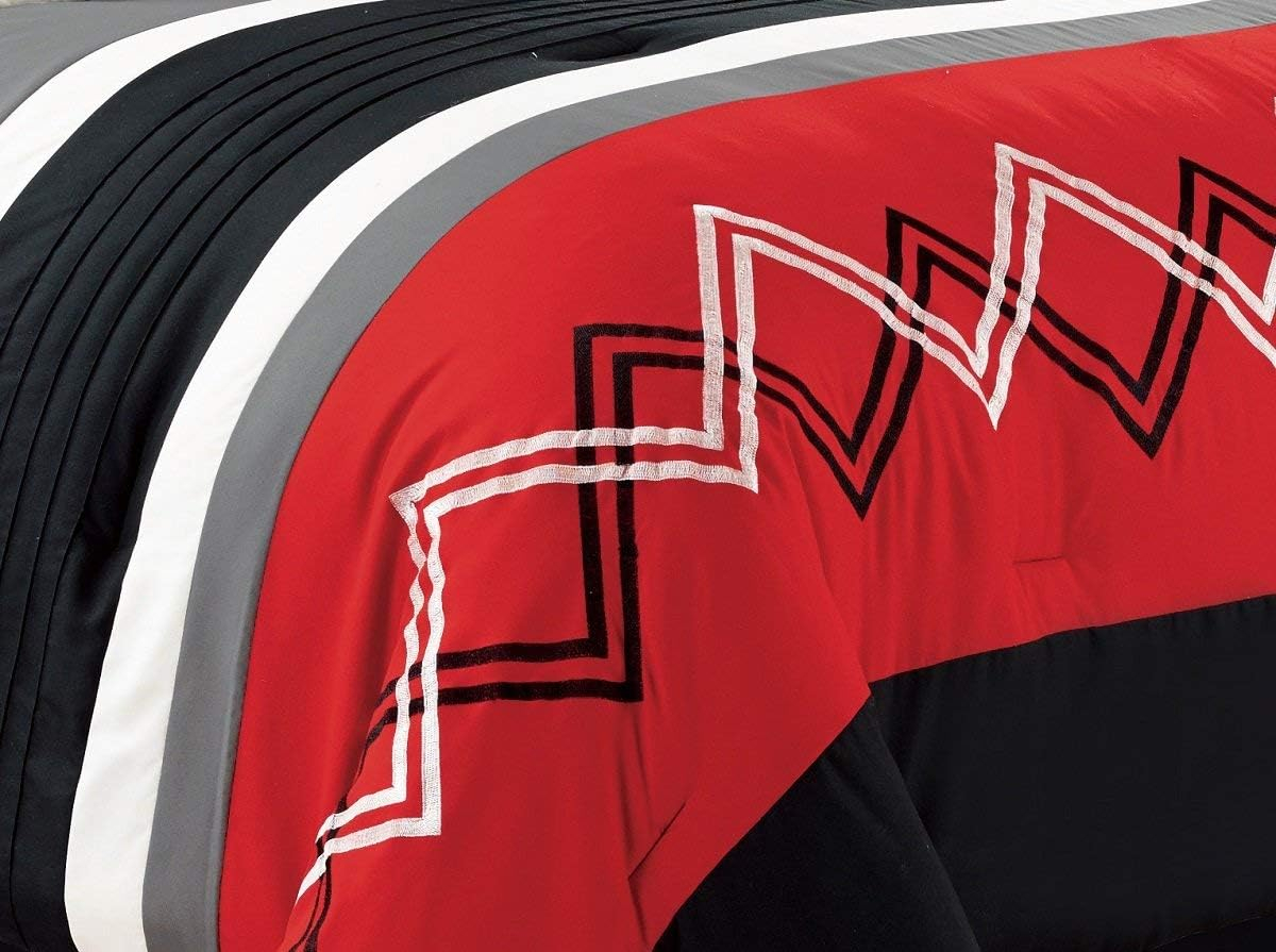 Chezmoi Collection Arden 7-Piece Modern Pleated Stripe Embroidered Zigzag Bedding Comforter Set (Queen, Red/Black/Gray/Off-White)