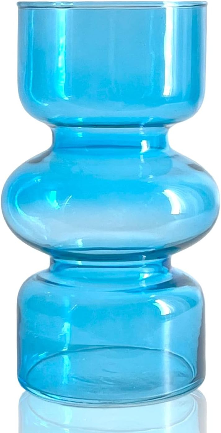 BLOFLO Blue Transparent Glass Hydroponic Vase, 7Inches Colored Glass Vase for Flower, Modern Geometric Three-Layer Floral Vases for Home Office Wedding Table Décor(Blue)