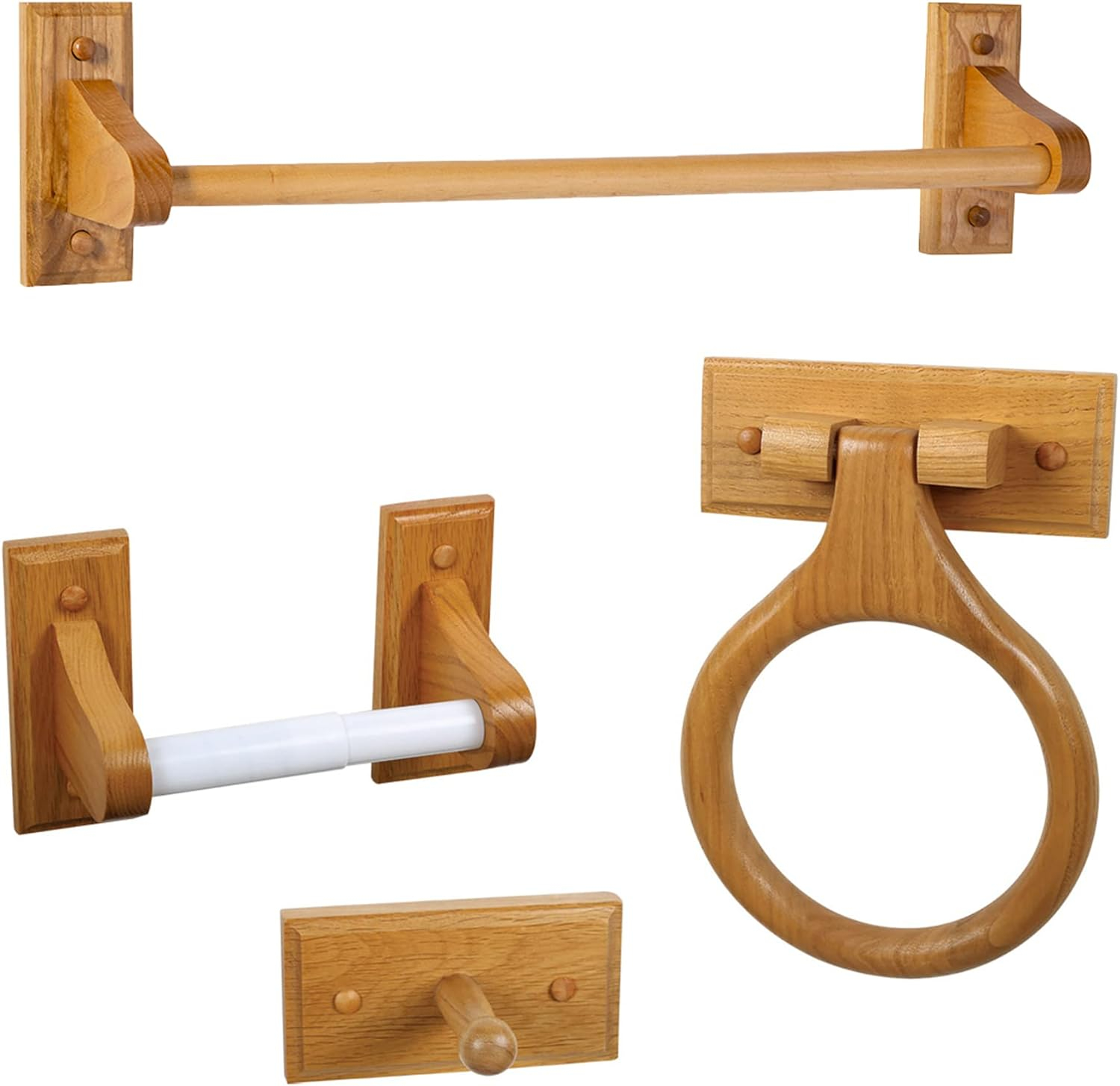 Dalton 4-Piece Bathroom Accessory Set, Honey Oak, Includes Towel Bar, Towel Ring, Toilet Paper Holder, and Robe Hook – Design House, 561258