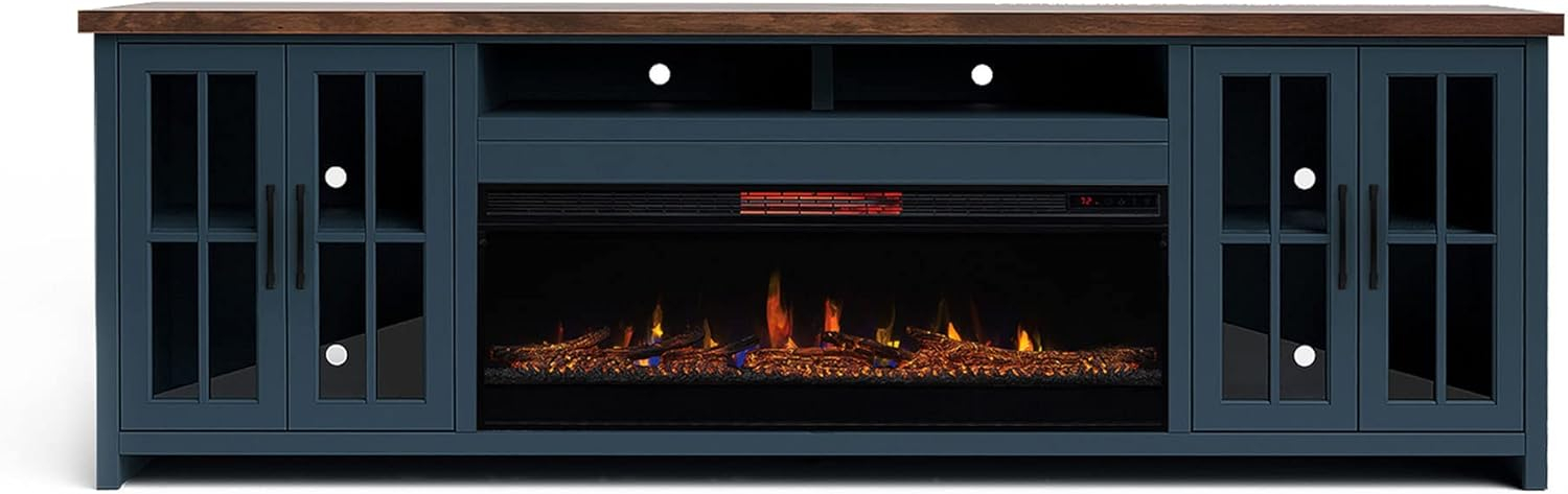 DeeHome Bridgevine Home Nantucket 97 inch Fireplace TV Stand Console for TVs up to 100 inches, Blue Denim and Whiskey Finish
