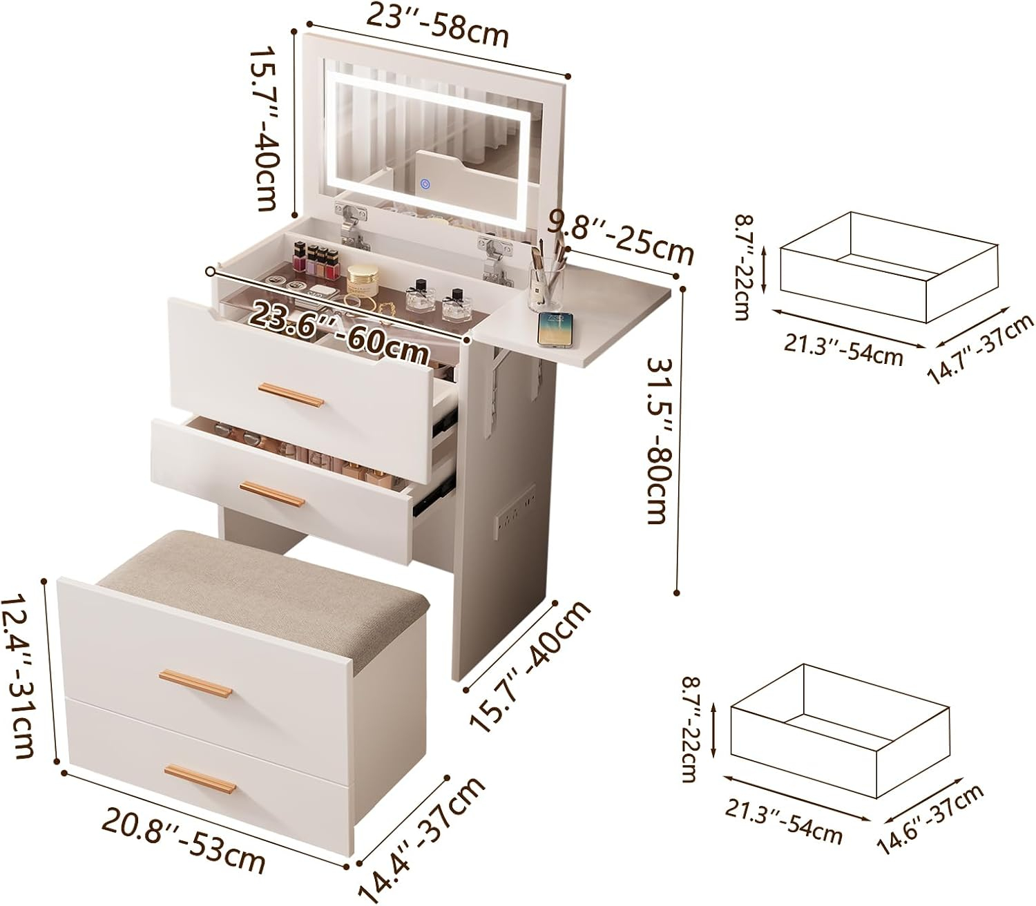 Makeup Vanity Desk with Mirror and Lights, 3-in-1 Vanity Set with 3 Drawers, Small Makeup Vanity with Hidden Stool, Compact Dressing Table Charging Station for Bedroom-White