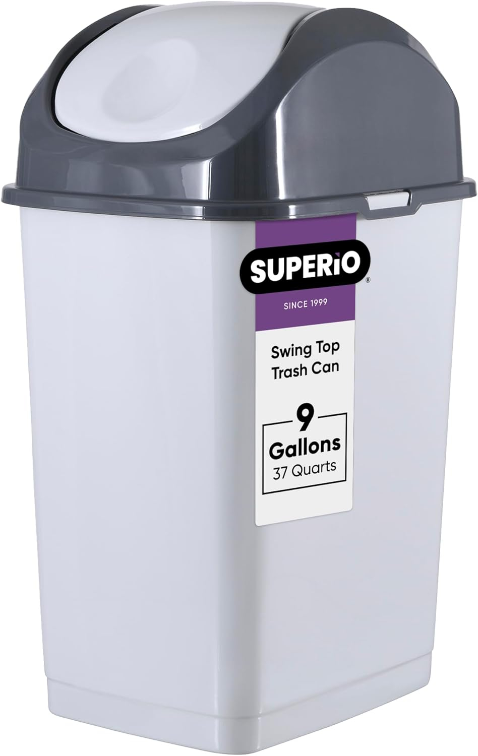 Superio Kitchen Trash Can with Swing Top Lid 9 Gallon Slim Waste Bin 37 Qt Durable Plastic, Fit Small Spaces, Office, Bathroom, Under Counter (White Smoke-1 Pack)