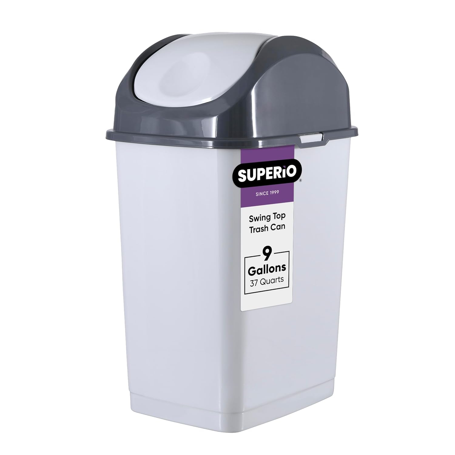 Superio Kitchen Trash Can with Swing Top Lid 9 Gallon Slim Waste Bin 37 Qt Durable Plastic, Fit Small Spaces, Office, Bathroom, Under Counter (White Smoke-1 Pack)